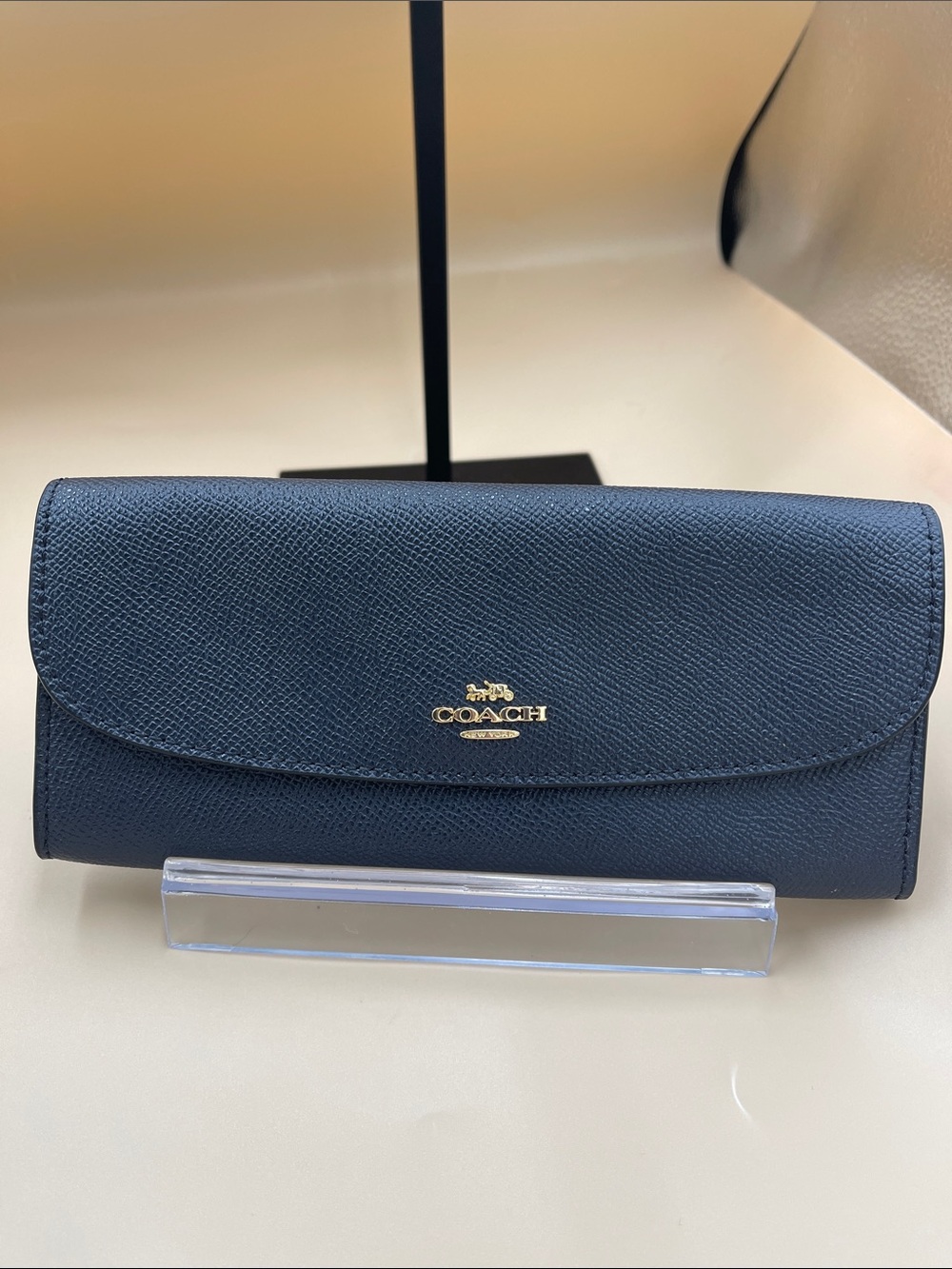 Coach Black Saffiano Leather Continental Slim Wallet with Gold Logo